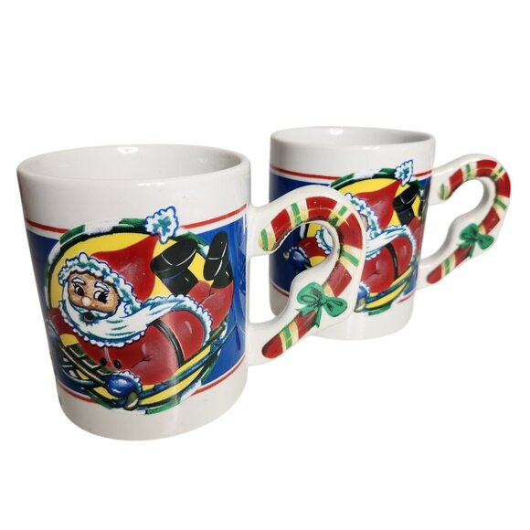 Vintage Santa Claus On A Sled Coffee Mug With Candy Cane On Handle Christmas Lot - Picture 2 of 6